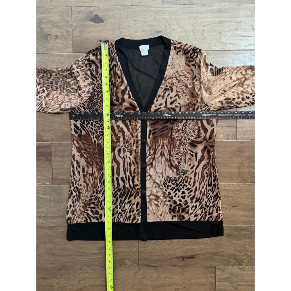 Chico's Cardigan Women Size 2 L Brown Animal Print Sheer Button Up Casual Top - Picture 4 of 6
